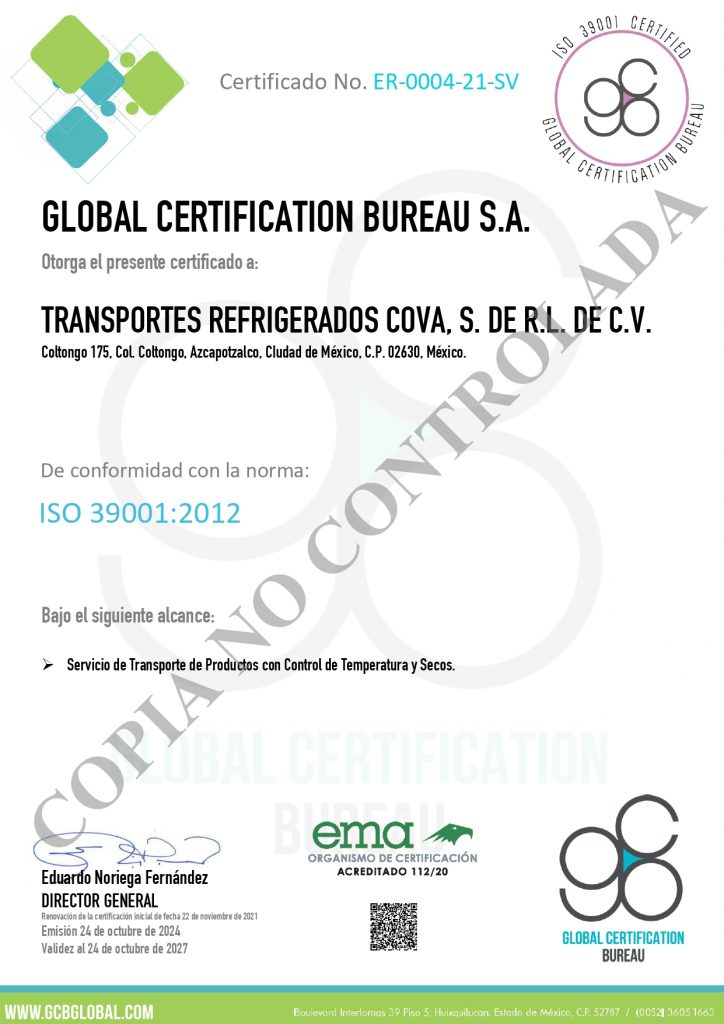 Vista previa del certificado ISO 39001:2012